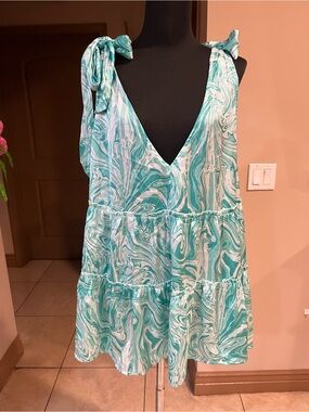Sleeveless Tie-Shoulder Tiered Blouse in Teal Marble